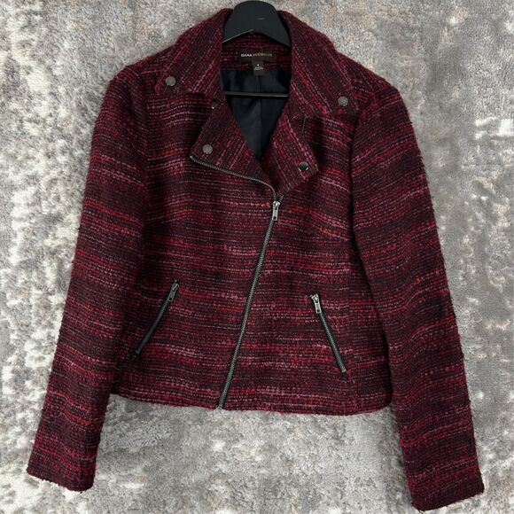 Dana Buchman Women Size 6 Moto Textured Outdoor Jacket Burgundy Long Sleeve Zip - Picture 1 of 9